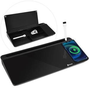 lot 23374 image: Varhomax Glass Desk Whiteboard Black with Wireless Charger, Desktop Dry Erase White Board with Storage,to Do List Memo Notepad for Home and Office - Retail $36