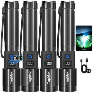 lot 23385 image: Tughlax 4Pack Rechargeable Flashlights High Lumens 10000LM, Super Bright Flashlight with LCD Digital Display, 5 Modes Adjustable Flash Light, LED Flashlight Powerful, Tactical Flashlights for Home - Retail $48