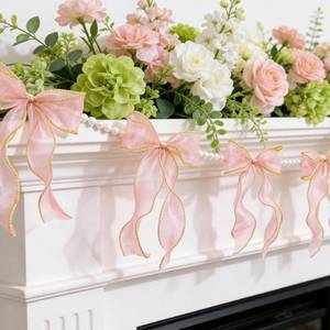lot 23387 image: FLAIR GIFTS 2 Strings Pink Bow Garland Banner, Pre-Strung Fish-Tail Organza Ribbon with 6.5ft Pearl Chain for Coquette Birthday, Bachelorette Party, Baby Shower, Engagement, Anniversary Decor - Retail $17