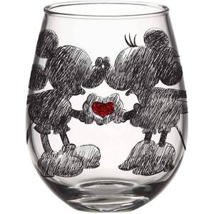 lot 23392 image: Silver Buffalo Disney Mickey and Minnie Classic Heart Glitter Stemless Wine Glass, 20 Ounces - Retail $22