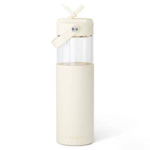 lot 23397 image: SANDJEST Glass Water Bottle with Silicone Sleeve and Straw Lid 20oz for Girls Women, Glass Drinking Bottles for Travel Home Gym Sports (Ivory Cream) - Retail $15