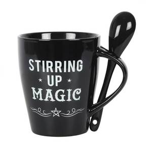 lot 23409 image: Pacific Giftware Gothic Black Stirring Up Magic New Bone China Ceramic Mug and Spoon Set - Retail $14