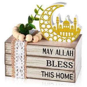 lot 23425 image: Anglechic Eid Mubarak Decorations for Home Ramadan Decorations Wood Ramadan Mubarak Table Sign Golden Moon Eid Tiered Tray Sign for Islamic Muslim Table Indoor Shelf Office Gifts - Retail $19