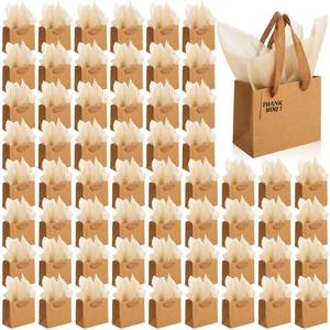 lot 23779 image: Qilery 50 Pcs Wedding Paper Gift Bags Bulk with Tissue Paper Small Gift Bags with Handle and Tags for Birthday Wedding 4th of July Party Business(Brown,4.7 x 2.4 x 3.9) - Retail $32