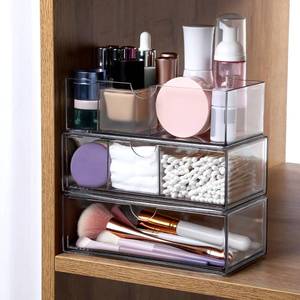 lot 25058 image: Josojoou 3-Tier Clear Stackable Makeup Organizer with Removable Dividers,Acrylic Medicine Cabinet Organizer and Storage for Bathroom Mirror Cabinets, Vanity, Closet, Countertop with Drawer - Retail $18