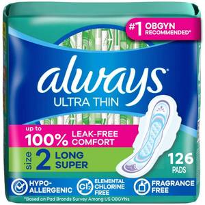 lot 25068 image: Always Ultra Thin Pads with Wings, Size 1, Long Super, 126 Count (2 Open Packs)  - Retail $25