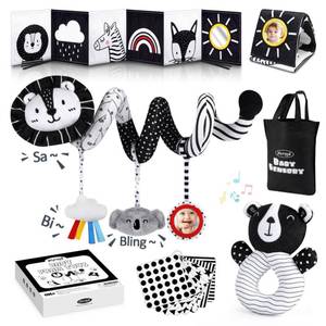 lot 25091 image: Joyreal High Contrast Baby Toys for Newborn, Black and White Baby Sensory Toys with Car Seat Toys,Infant Toys with Black White Cards Book, Montessori Toys for Baby Gifts - Retail $23