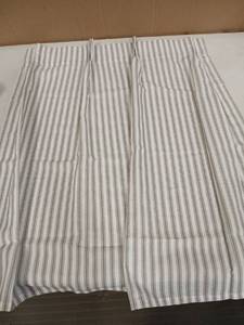 lot 25095 image: Striped Boho Kitchen Curtains 30in Length Pinch Pleated at Top 2 Panels Gray and Beige Linen