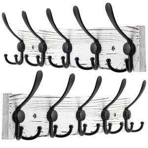 lot 25098 image: Kuhome 2pcs Coat Rack Wall Mount Wooden Hat Rack for Wall Hooks Pine Real Wood Plank 16.9 Old White Coat Hanger with 5 Black Triple Hooks for Hanging Coat Hat Jacket - Retail $25