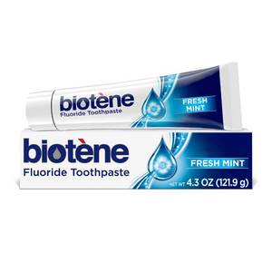 lot 26534 image: biotene Fluoride Toothpaste for Dry Mouth Symptoms, Bad Breath Treatment and Cavity Prevention, Fresh Mint - 4.3 oz - Retail $7