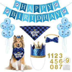 lot 26535 image: Selemoy Dog Birthday Party Supplies, Dog Birthday Hat Bandana Scarf with Cute Bow Tie, Flag, Balloons for Small Medium Dogs Pets, Doggie Party Supplies Decorations - Retail $9