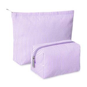 lot 26541 image: Huhumy 2 Pcs Makeup Bag Set Cute Cosmetic Pouch for Women Seersucker Travel Toiletry Bag Preppy Small Makeup Purse Pouch Aesthetic Skincare Brushes Storage Organizer for Valentine Women(Purple) - Retail $12