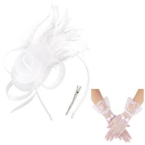 lot 26556 image: Fascinators Hats for Women and White Lace Gloves Set, Derby Hat Vintage Tea Party Hats Fascinator Hat Headband Headwear Clip 1920s Accessories for Women Girls Cocktail Wedding Church Tea Party Favors (Gloves Not Included) - Retail $15