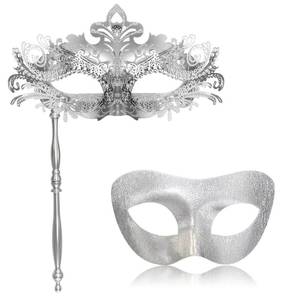lot 26569 image: FunMular Couple Masquerade Mask with Holding Stick Metal Masks Halloween Costume Venetian Mardi Gras Mask for Women and Men (Silver) - Retail $23
