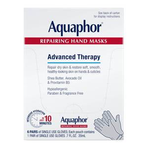 lot 26570 image: Aquaphor Repairing Hand Masks, Moisturizing Gloves for Dry Hands, Moisturizer for Dry Skin with Avocado Oil and Shea Butter, Pack of 4 Pairs - Retail $37