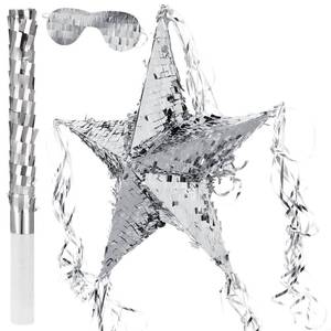 lot 31231 image: Foil Star Pinata with Blindfold and Bat for Birthday Foldable Star Shape Pinata with Stick Festive Fiesta Party Supplies Favors for Mexican Party(Silver) - Retail $21