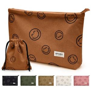 lot 31250 image: WLLWOO Makeup Bag-2pcs Smile Face Corduroy Cosmetic Bag Zipper Interior Waterproof Pencil Case Coin Purse Travel Toiletry Small Makeup Pouch For Women - Retail $7