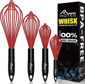 lot 31254 image: HOTEC 4 Pieces Silicone Whisks Set, Wire Balloon Whisks for cooking Egg Beater, Non-slip Handle Whisk for Non-stick Cookware Perfect for Cooking, Stirring, Beating and Blending,Red - Retail $10