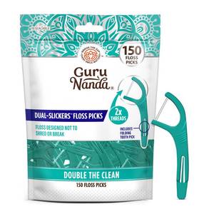 lot 31257 image: GuruNanda Dual Slickers Floss Picks - Double Threaded Dyneema Dental Floss with Foldable Toothpick for Effective Plaque Removal - Unflavored- 150 Ct - Retail $4