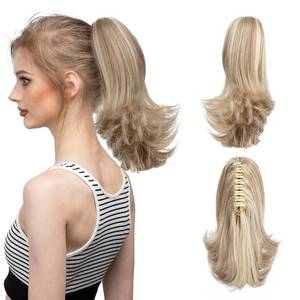 lot 31280 image: CJL HAIR Short Claw Clip Bonde Ponytail Hair Extension Drawstring Fake Hairpiece Curly Synthetic Faux Jaw Updo Wavy Pony Tails 12 Heat Friendly Fiber Hair Piece for White Women Girls Kids - Retail $16