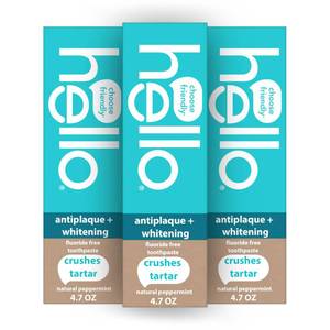 lot 31282 image: hello Antiplaque and Whitening Fluoride Free Toothpaste, Whitening Toothpaste with Coconut Oil and Tea Tree Oil, Helps Whiten Teeth, Natural Peppermint, 3 Pack, 4.7 Oz Tubes - Retail $15