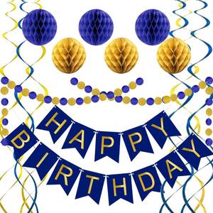 lot 31284 image: Blue Birthday Decorations, Happy Birthday Banner with Honeycomb Balls, Circle Dot Garland and Hanging Swirl Decorations for Women Men Boys Girls (Blue Gold) - Retail $12