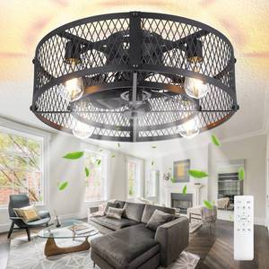 Depuley Caged Ceiling Fan with Light: 20" Flush Mount Ceiling Fans with Remote - Farmhouse Black Fandelier - Industrial Ceiling Fan Light Fixture for Small Low Indoor Bedroon Kitchen Dining Room - Retail: $70