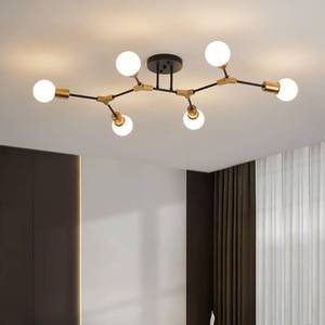 lot 60502 image: POUNEE Modern Gold and Black Sputnik Semi Flush Mount Ceiling Light Fixture for Dining Room Living Room Bedroom Kitchen Closet Hallway Aisle, Mid Century Metal 6 Light Chandelier - Retail $90