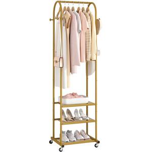 lot 62671 image: Kaitiemoo Heavy Duty Clothing Rack With Wheels,Modern Garment Rack With 3 Metal Shelves, 71.8Inches Display Rack For Hanging Clothes, Hanging Rod For Small Space,Gold - Retail $41