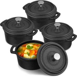 Suttmin 4 Pcs Mini Dutch Oven, 500F Small Round Iron Cocotte Black Dutch Oven Pot with Lid and Dual Handles Cast Iron Pot for Stovetop Use Marinate Cook Bake Refrigerate, Individual Servings(17 oz) - Retail: $60