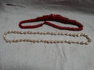 lot 24972 image: Pink Freshwater Baroque Pearl necklace, Vibrant red 6mm polymer clay heishi disc beads