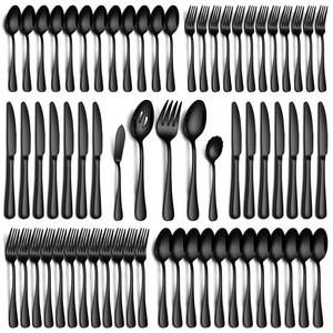 lot 708 image: PHILIPALA 65 Piece Black Silverware Set with Serving Utensils, Stainless Steel Flatware Set for 12 Food Grade Cutlery Utensil Set Include Knife Fork Spoon Mirror Polished Dishwasher Safe - Retail $43