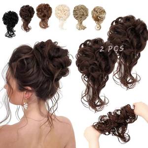 lot 728 image: FeidyLong 2PCS Messy Bun Hair Piece Tousled Updo with Tendrils Wavy Curly Hair Bun Scrunchies Ponytail Extension Elastic Band Hairpieces For Women (Medium Brown) - Retail $15
