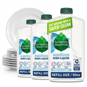 lot 738 image: Seventh Generation Dish Soap Refill, Free & Clear, 50 fl oz, 3 Pack, Plant-Based Dishwashing Liquid for Grease & Tough Food Messes, For Sensitive Skin - Retail $20