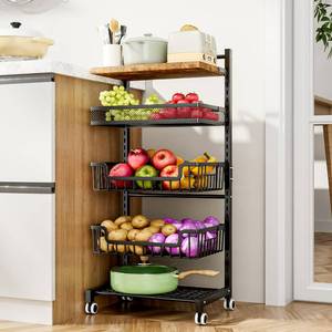 lot 739 image: HapiRm Kitchen Fruit Vegetable Cart - 4 Tier Rolling Storage Rack with Wheels and Dividers, Coffee Station Cart Rack Shelf Organizer for Onion, Potato, Snack, Fruit, Vegetable Storage Stand, Black