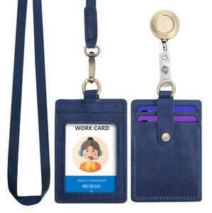 lot 752 image: Wonderpool ID Badge Holder Genuine Leather Card Slots Case with Detachable Neck Lanyard and Retractable Badge Reel for Office School Hospital Exhibition ID & Driver Licence (Blue) - Retail $13