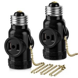 lot 753 image: DiCUNO UL Listed E26 to 2 Polarized Outlet Socket Adapter, Pull Chain Switch Control Light Bulb, Standard (Medium) E26 Base to 2-Prong Outlet Plug Splitter Converter, Black, 2-Pack - Retail $8