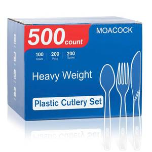 lot 756 image: MOACOCK 500 Count Extra Heavy Duty Plastic Silverware, 200 Forks, 200 Spoons, 100 Knives, Disposable Plastic Cutlery Set for Parties, Picnics, Big Event, Daily Use - Retail $25