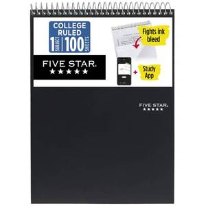 lot 761 image: Five Star Top Spiral Notebook  Study App, 1 Subject, College Ruled Notepad, 8-12 x 11, 100 Sheets, Fights Ink Bleed, Water Resistant Cover, Black (820058A-ECM) - Retail $7