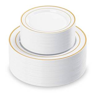 lot 814 image: QualQuot 200PCS White Plastic Plates with Gold Rim, Disposable Heavy Duty Plastic Plate, 100 Dinner and 100 Dessert Plates for Party and Wedding - Retail $42