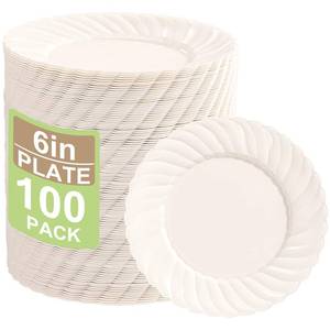 lot 840 image: U-QE 100 Count 6 Inch Ivory Plastic Plates - Scalloped Dessert Plates Disposable - Premium Fancy Disposable Heavy Duty Party Supplies for Party, Celebrations, Weddings and Events - Retail $27