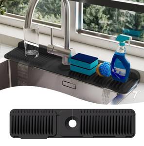 lot 852 image: 24 Inch Silicone Faucet Mat for Kitchen Sink Splash Guard - 7° Slope Upgraded Water Draining Mat with Fasten Button for Bathroom Area (Black, 24x5.5) - Retail $10