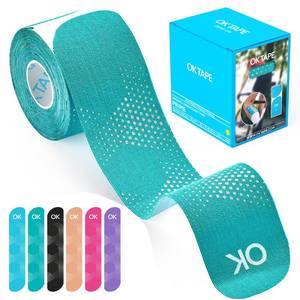 lot 868 image: OK TAPE Synthetic Kinesiology Tape Precut Strips, Waterproof Elastic Athletic Tape for Pain Relief & Muscle Support, Reflective Design, 2in�16.4ft Roll, 20 PCS -Cyan - Retail $13