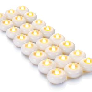 lot 897 image: Homemory 24Pack 2 Flameless Led Floating Candles, 200 Hour Plastic Battery Operated Flickering Waterproof Tealights for Cylinder Vases, Centerpieces at Wedding, Party, Pool, Holiday (White Base) - Retail $23