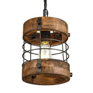 lot 908 image: wochos Retro Industrial Metal and Wood Chandelier 1-Light Round Cage Pendant Light Fixture for Kitchen Island Foyer Hallway Bar Dining Room Restaurant, D 7.9 x H 8.7 (Brown) - Retail $64