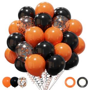 lot 910 image: Patimate Black Orange Halloween Balloons Set, 50 pcs 12 inch Orange Black Confetti Latex Balloons Kit for Halloween Baby Shower Spooky Birthday Graduation Motorcycle Party Decorations - Retail $7