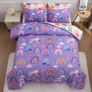 lot 930 image: Btargot Lightweight Soft 3 Piece Rainbow Comforter Set with 2 Pillow Covers, Cartoon Love Hearts Flowers and Sun Star Bedding Set for Girls Kids, Twin Dark Purple - Retail $35