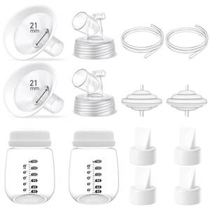 lot 931 image: Full Breast Pump Parts with 21mm Oval Soft Rim Flanges and Wide-Mouth Base Connector for Spectra S2 S1 9 Plus SG, Medela, Lansinoh Pumps, Include Flange, Valve, Backflow Protector, Tubing and Bottle - Retail $20