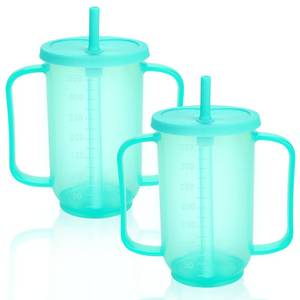 lot 936 image: Ysglory Spill Proof Cups for Adults 12 Oz Plastic Elderly Sippy Cup with 2 Handles Straw and Lid Dysphagia Drinking Cups for Adults Hospital Disabled Patients (2) - Retail $20