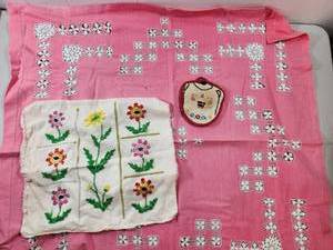 lot 221 image: Handmade Embroidered Pink Table Cover Bundle